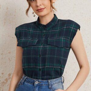 SHEIN Shoulder Padded Flap Pocket Tartan Blouse